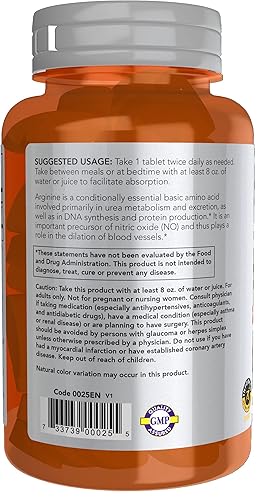 Miniatura 10 de NOW Sports Nutrition, L-Arginina Doble Fuerza 1000 mg, Precursor de óxido nítrico, Aminoácidos, 180 comprimidos