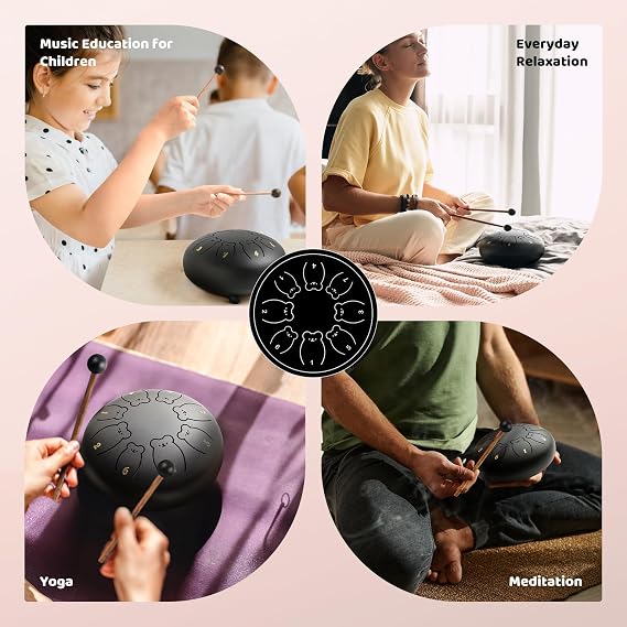 CAHAYA Steel Tongue Drum Set 6 Inch 8 Notes Steel Hand Drum with Music Book Drum Mallets Finger Paddles and Carry Bag for Kids Gift Musical Education Meditation Yoga CY0359
