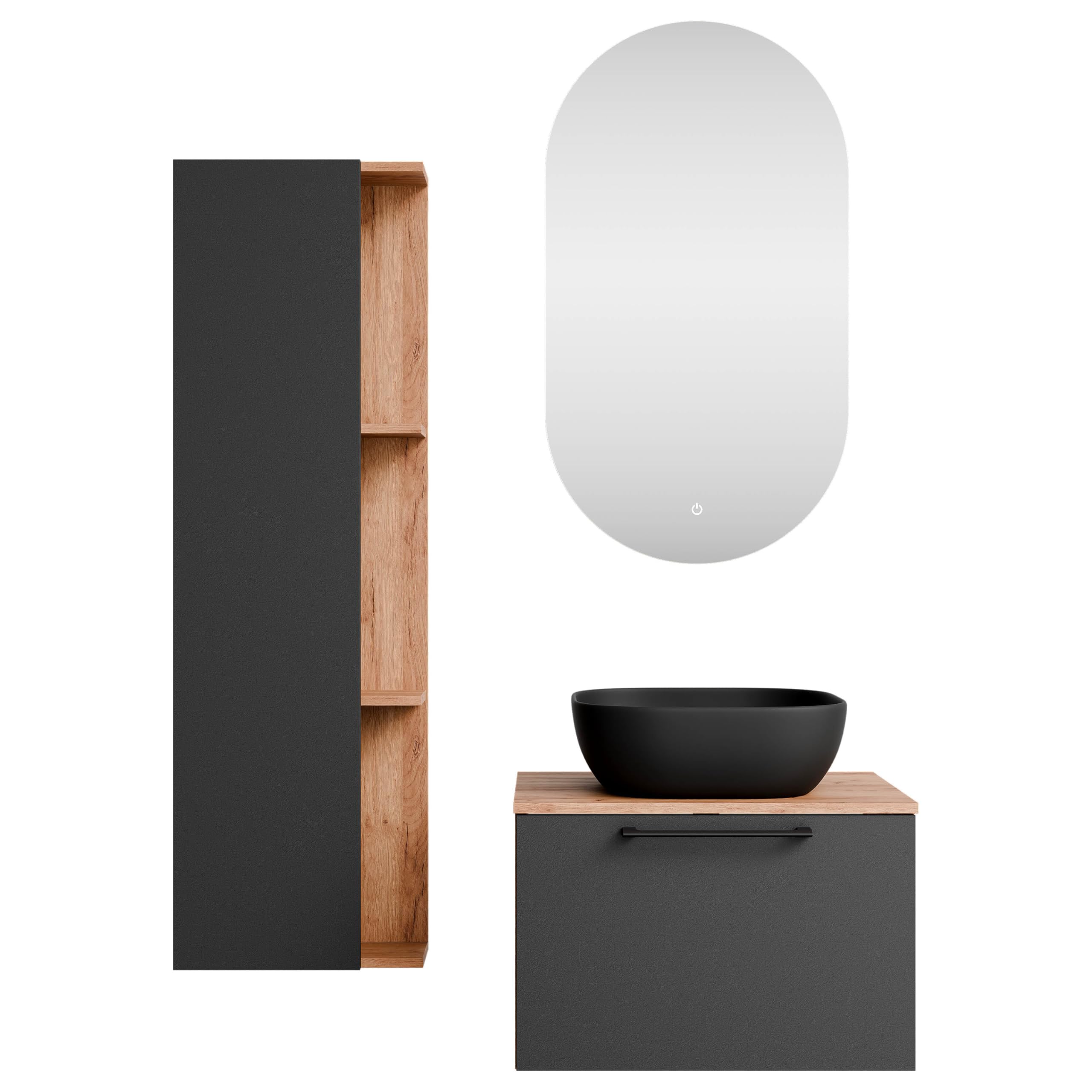 Planetmöbel Astra Badmöbel Set mit Waschtisch 60 cm mit 1x Seitenschrank Gold Eiche Anthrazit, Aufsatzwaschbecken 42 cm schwarz, Spiegel (mit LED) 50cm