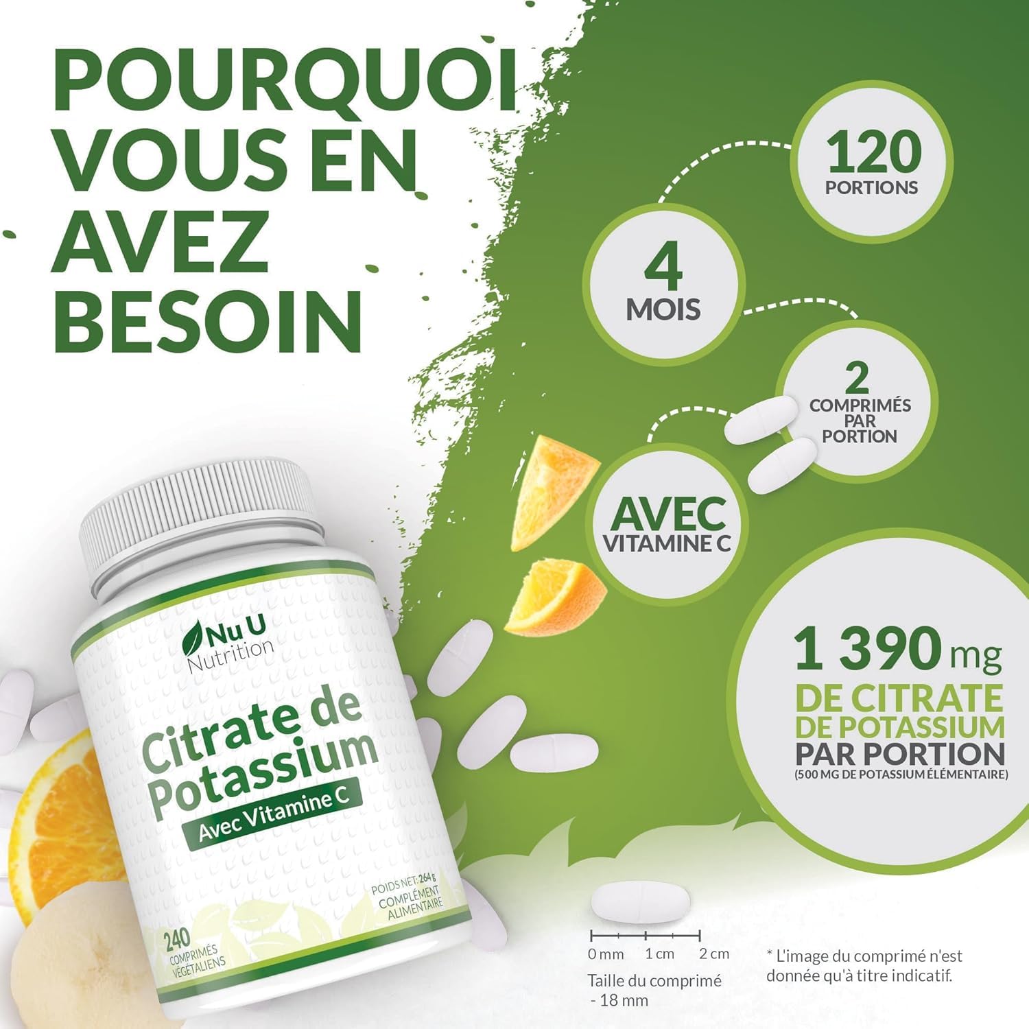 Potassium 1550mg & Vitamine C - 240 Comprimés Végétaliens - 4 Mois d’Approvisionnement - Citrate de Potassium à Forte Puissance - Support d'Électrolytes Naturels - Nu U Nutrition