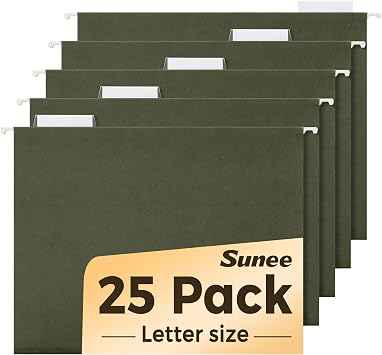 SUNEE Hanging File Folders, 25 Pack Reinforced Hang Folders Letter Size, Adjustable 1/5-Cut Tabs, Designed for Bulky Files, Filing Cabinet, Standard Green