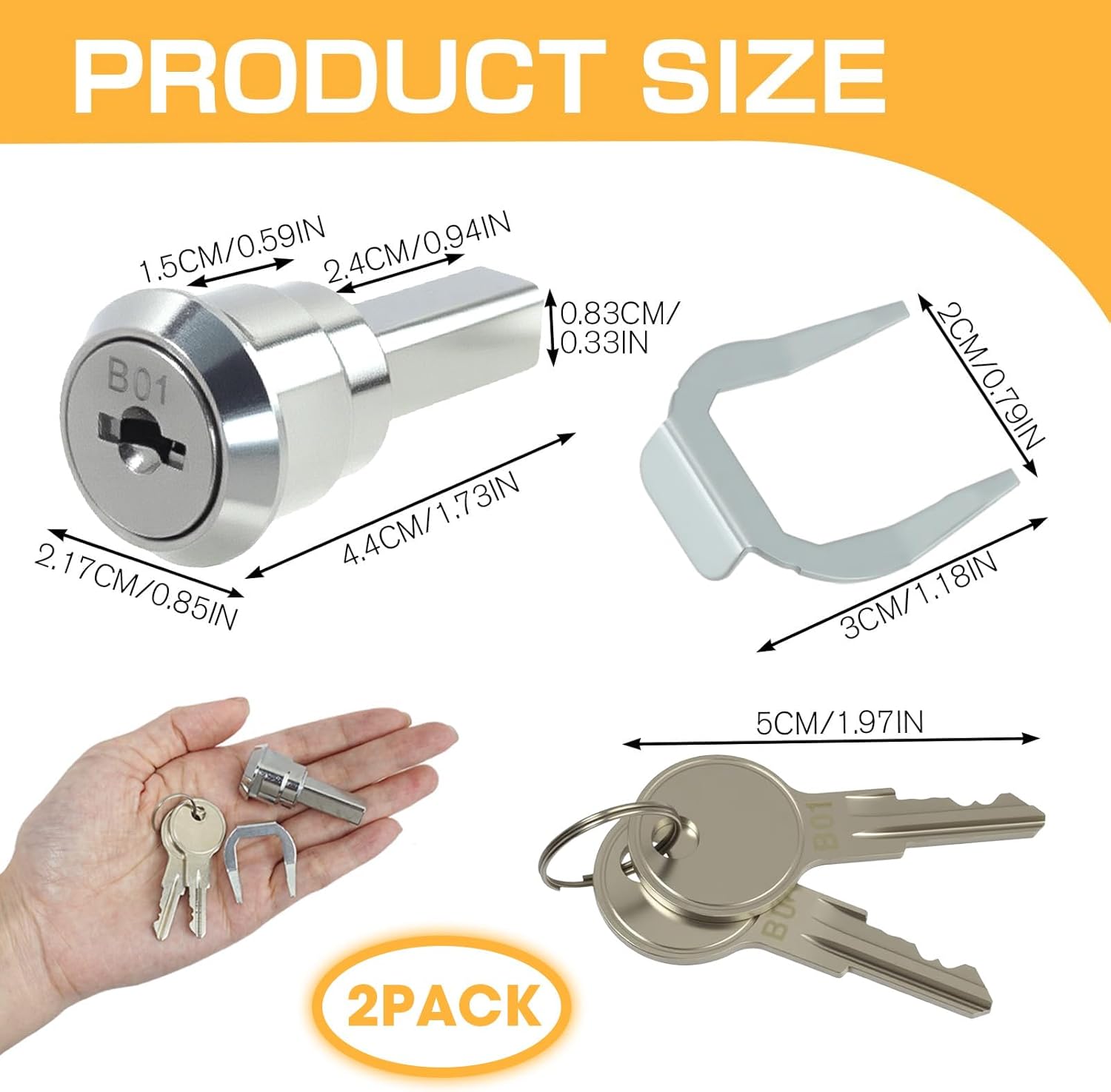 Stainless Steel Tool Box Lock Replacement Set, Universal Drawer Lock with Keys 180° Rotation Compatible with Truck Toolbox Cabinet Storage Case(Fastening Tab and Keys, Cylinder) (2 Pack)
