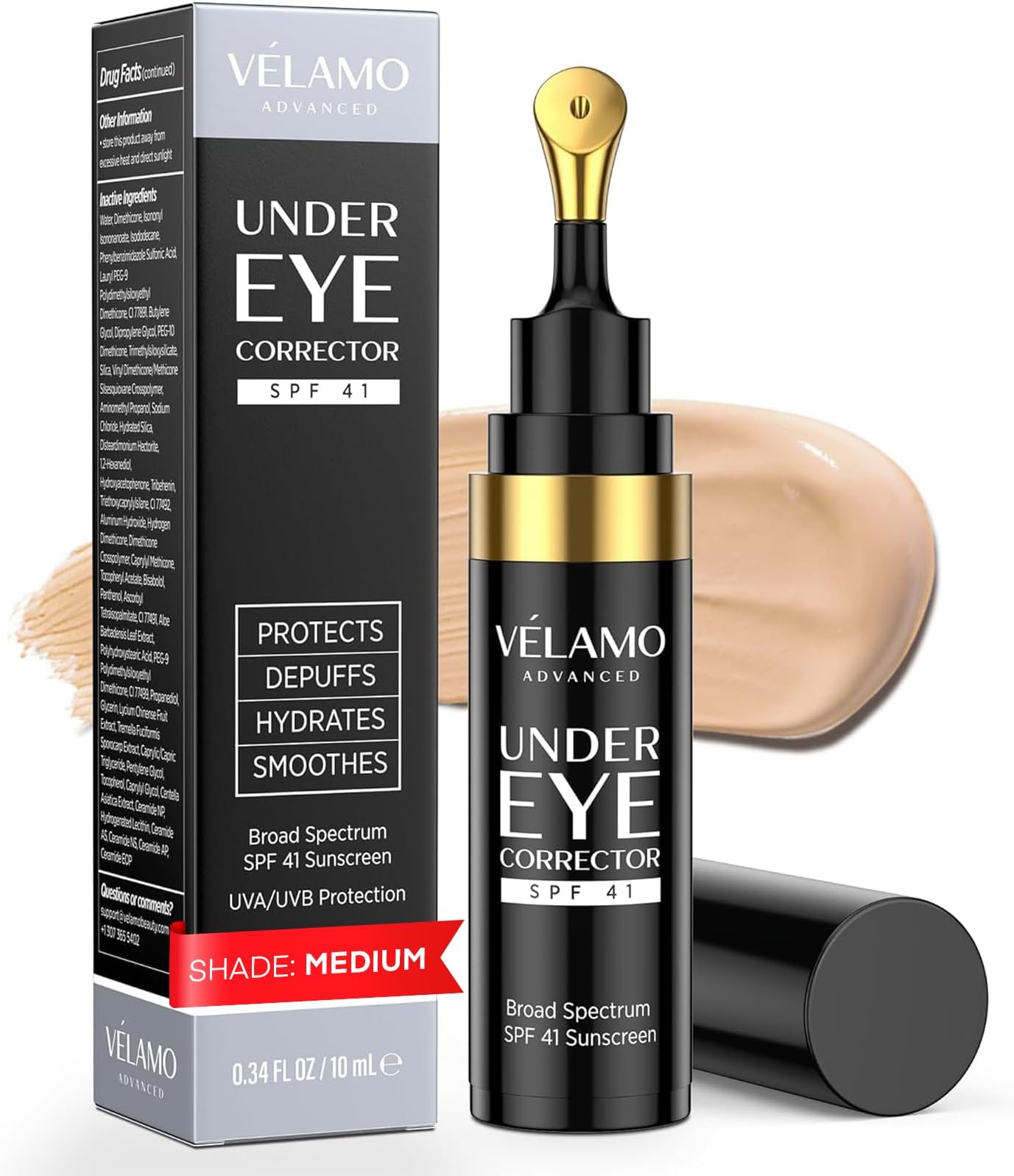 VELAMO ADVANCED Luminous Eye Corrector SPF 41: Under Eye Color Corrector for Dark Circles, Fine Lines & Puffiness - Hydrating Anti Aging Eye Cream with Ceramides Complex - Medium, 0.34 FL OZ/10mL