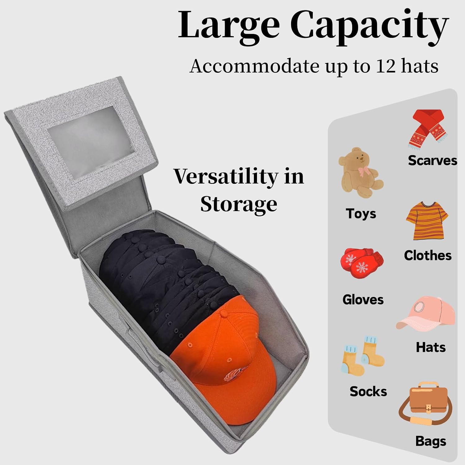 Hat Storage Box Organizer, 2-Pack, Stackable with Clear Windows, Holds 30 Baseball Caps, Grey