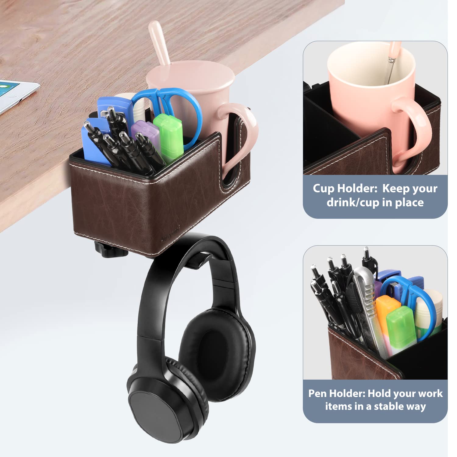 HuadaXtai Porte-gobelet multifonctionnel 4 en 1 pour bureau, rangement pour téléphone et stylos, Noir