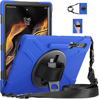 Shockproof Case for Galaxy Tab S8 Ultra 14.6 Inch 2022, Heavy Duty Rugged Cover with 360 Rotating Hand Belt Shoulder Strap S Pen Holder for Samsung Tab Ultra 14.6 Tablet, Blue