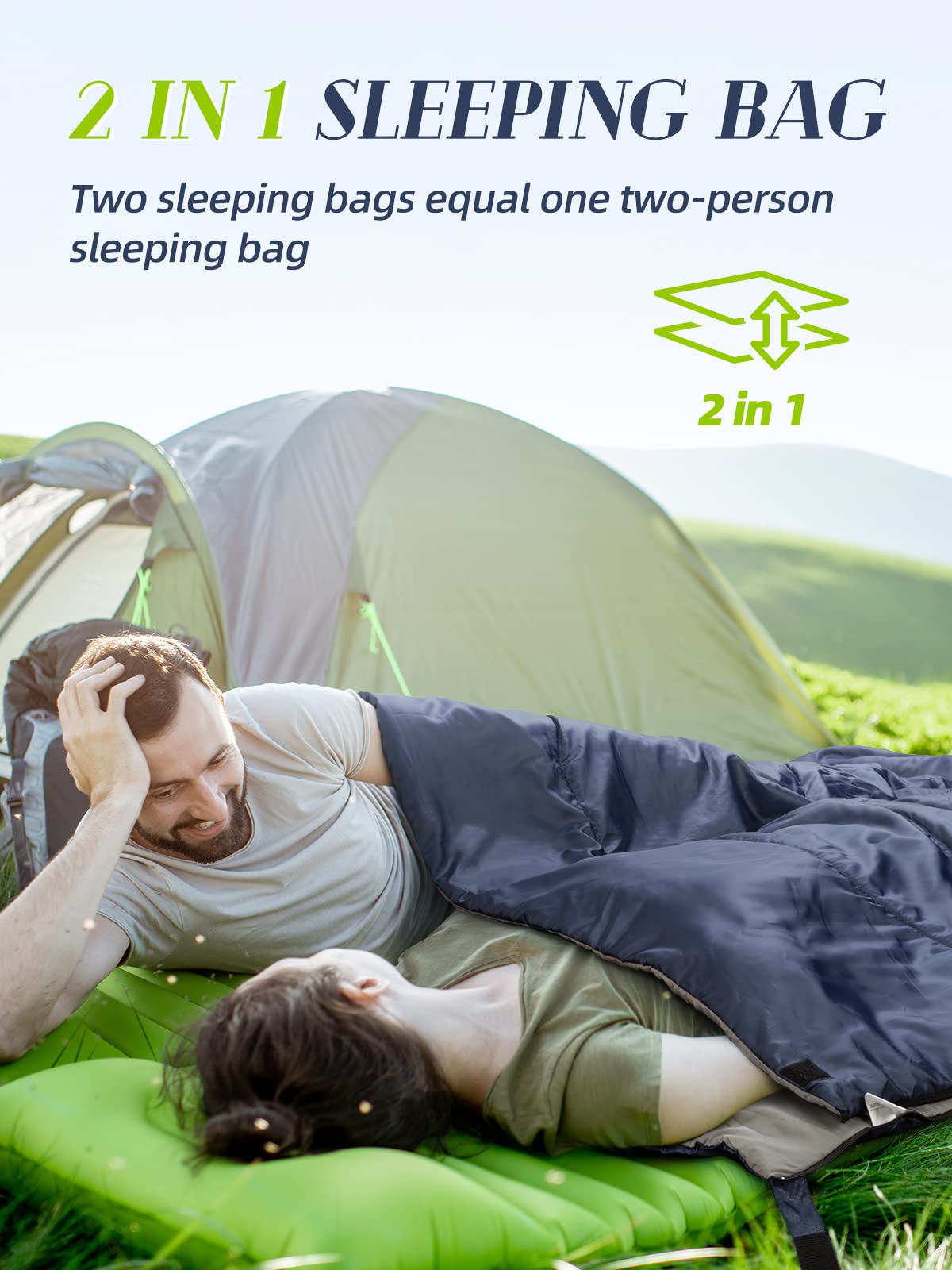 Bessport Saco de Dormir,15℃~25℃ Puede ser 2 en 1 Camping Saco de Dormir para Adultos o niños Un cómodo y Compacto Saco de Dormir Impermeable para Tres Estaciones para Acampar