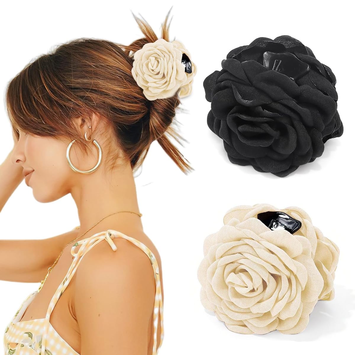 PALAY® 2Pcs Rose Hair Claw Clips for Women Large 3.5 In Flower Claw Clip Hawaiian Fashion Blooming Rose Claw Clips Aesthetic Hair Clip – Black & White