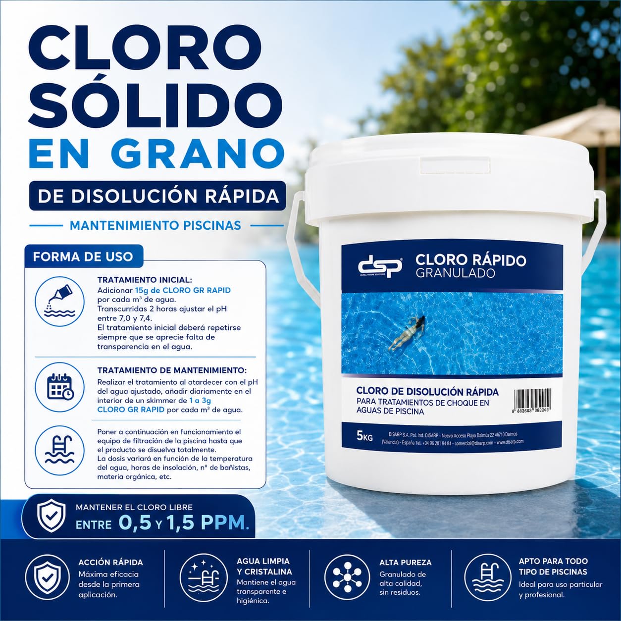 Cloro de acción rápida granulado 5 KG GR-Rapid
