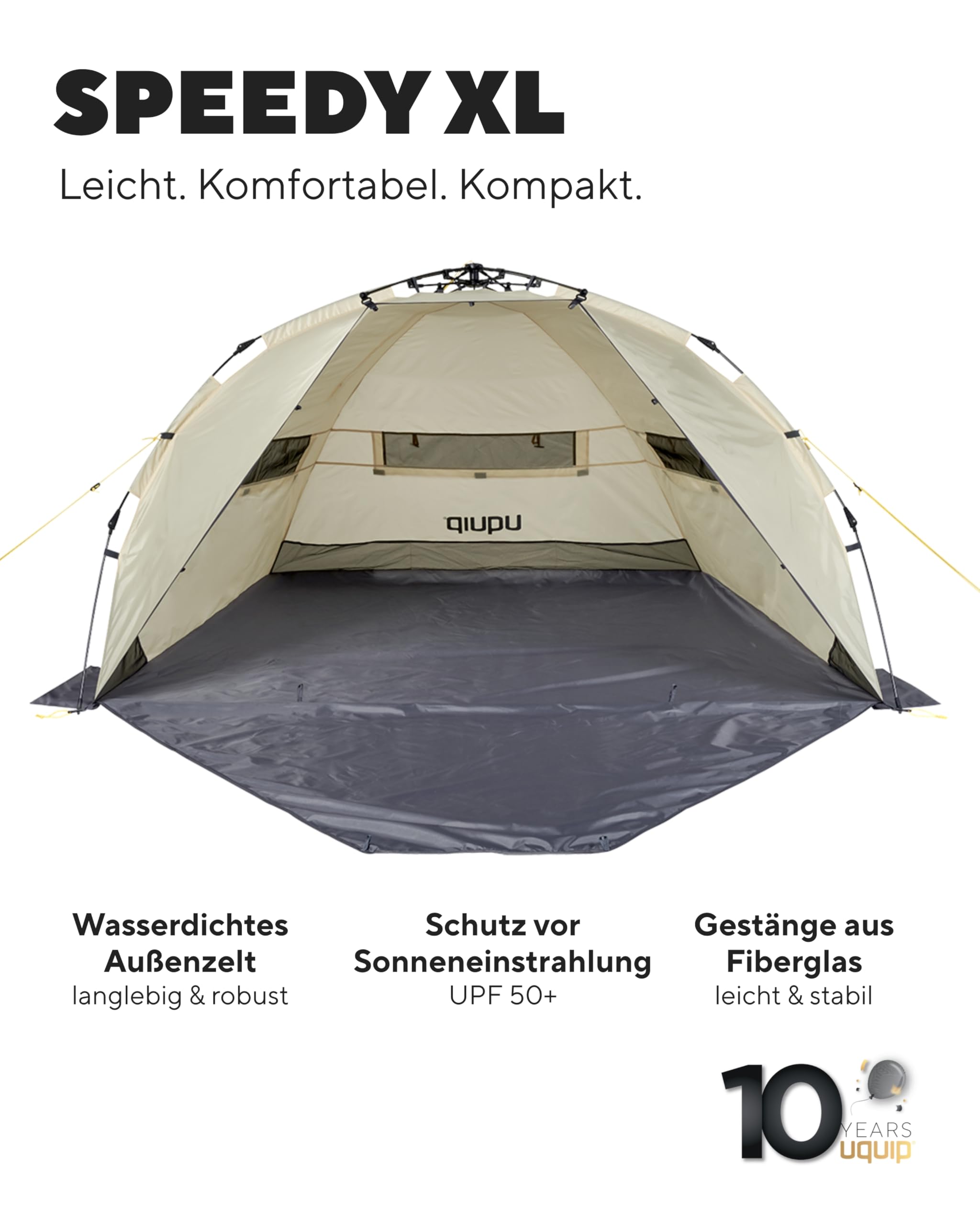 Uquip Strandmuschel Speedy XL Boulder I 170 x 115 x 230 cm I UPF 50+ Strandzelt zum Schutz vor Sonne, Wind & Regen I tragbares Beach Zelt mit Quick-Up System I ideal für Strand, Camping & Picknick