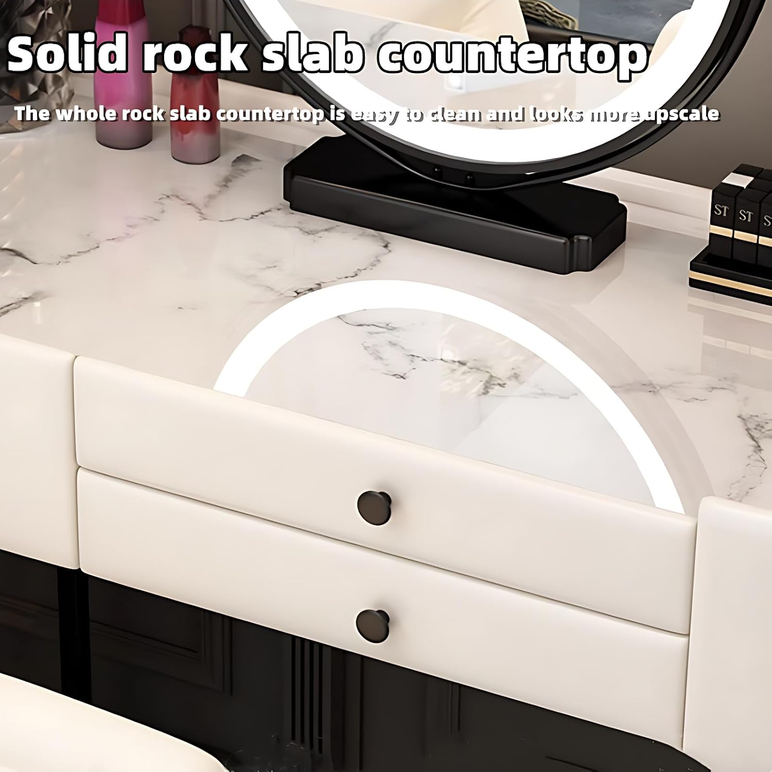 Stylish Makeup Vanity Desk with Mirror and Lights, Solid Wood Chair, Storage Drawers, Easy Installation (White+Black, 39.4”)