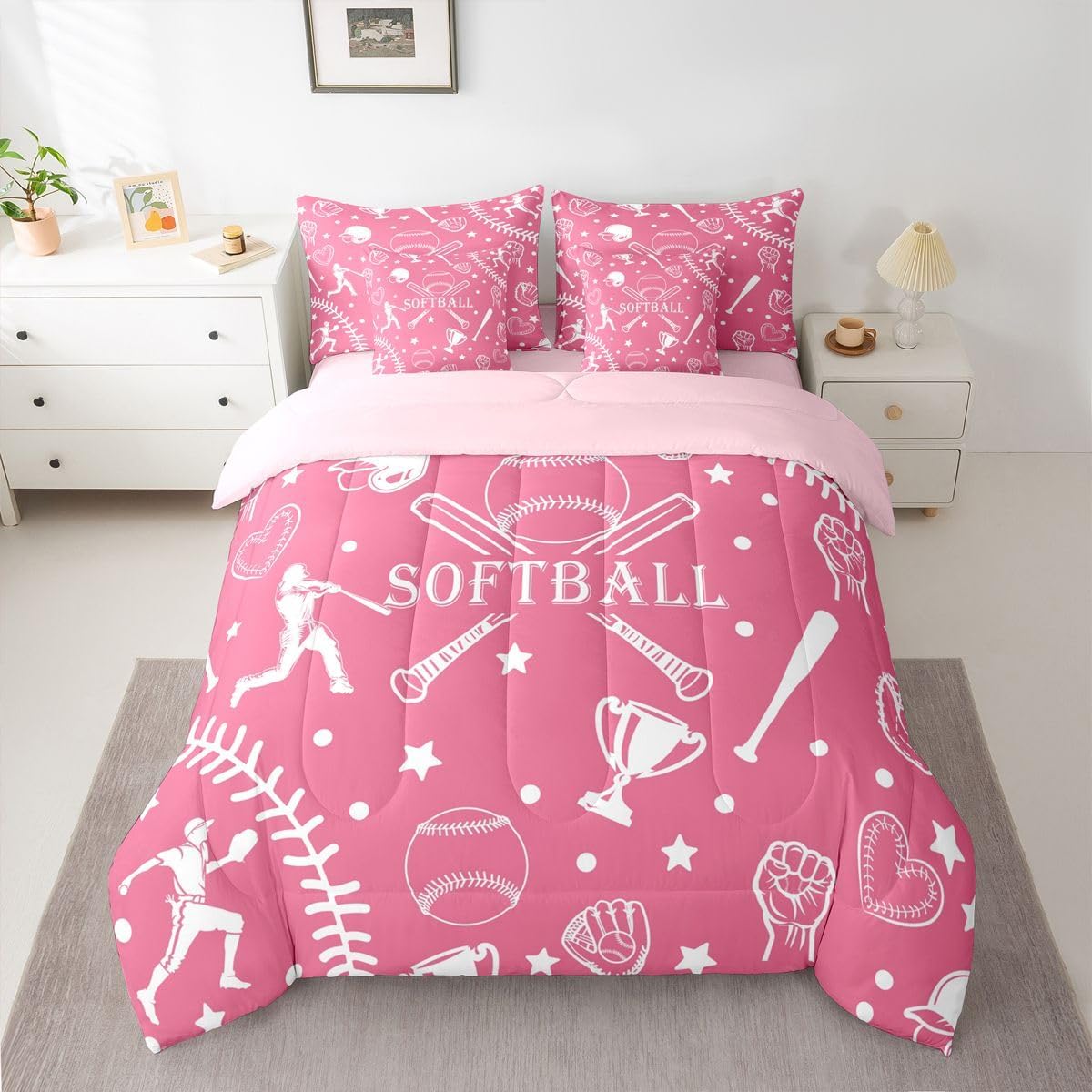 Erosebridal 7 Pieces Softball Girls Bedding Set with Sheets Twin Size Baseball Comforter Set for Kids Teens Adults Bedroom Ball Sports Games Bed in A Bag Baseball Player Bed Sets Pink