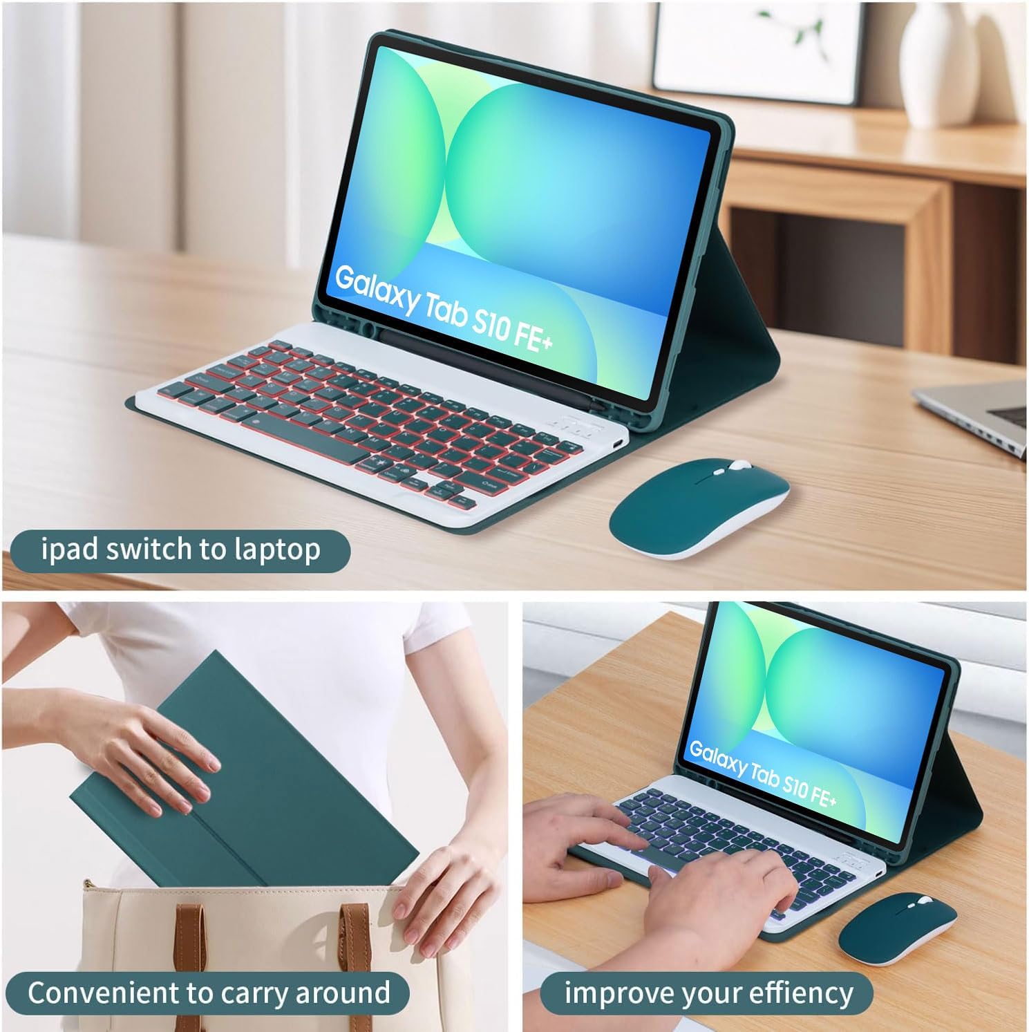 Keyboard Case for Samsung Galaxy Tab S10 FE+ Plus 13.1-inch 2025 Model (SM-X620/X626), 7-Color Backlight Detachable Bluetooth Keyboard, Slim Stand Cover with S Pen Holder and Mouse,Mint Green