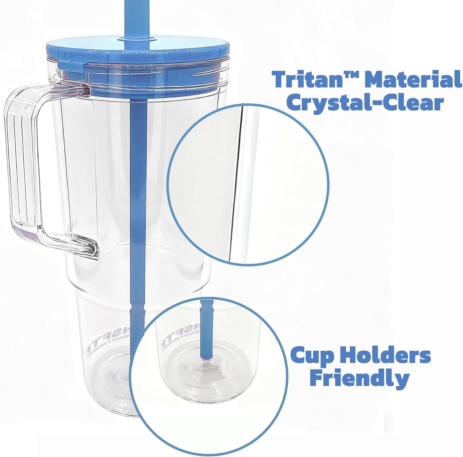 40oz Insulated Blue Tumbler with Handle and Lid & Straw, Reusable Travel Mug for Clod and Hot Drinks, Double-Wall Plastic Water Bottle,Crystal-Clear,Car Cup Holder Fit, Leakproof,BPA-Free - Image 2