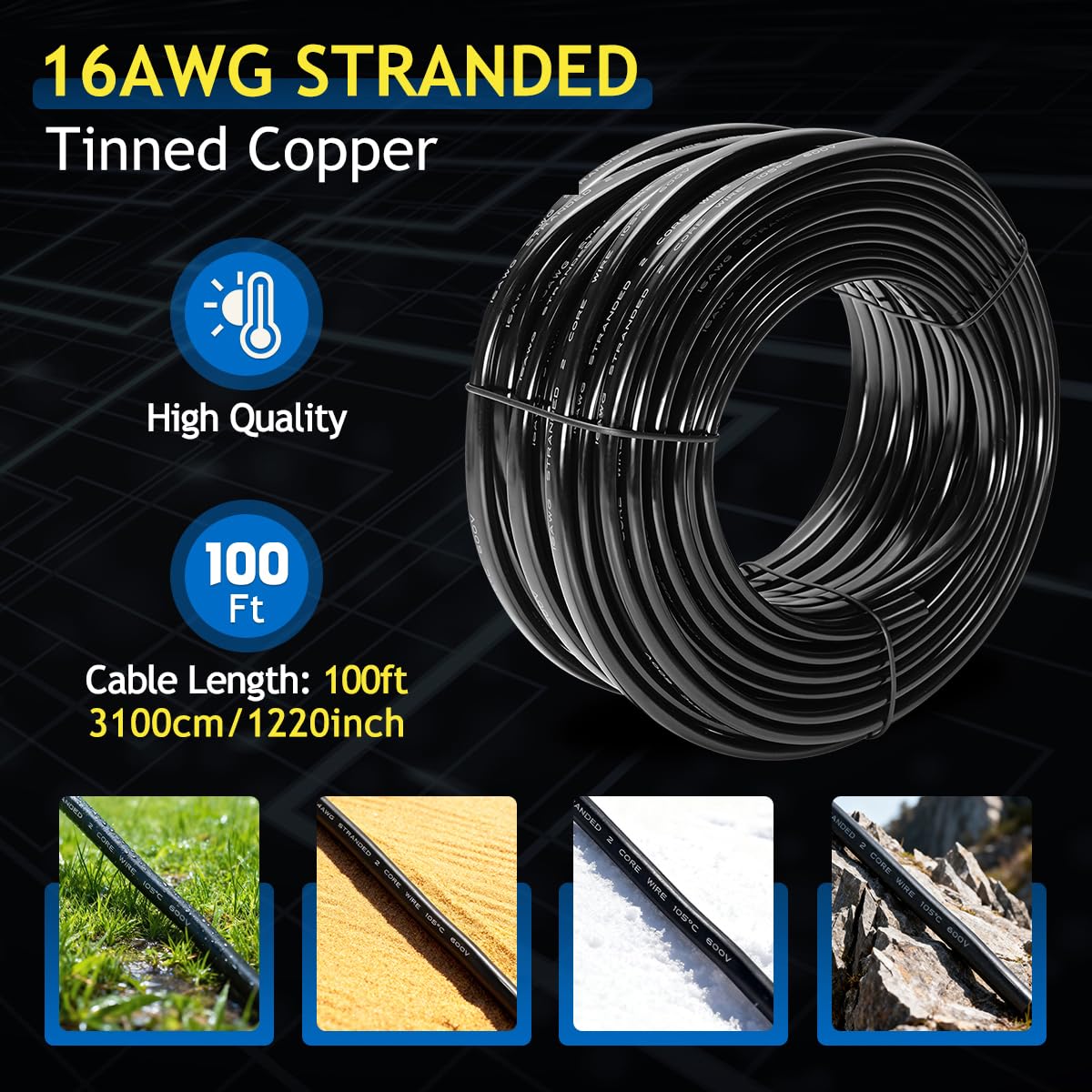 Cable eléctrico de cobre estañado sin oxígeno de calibre 16, 2 conductores, cable de PVC trenzado de cobre puro de 16 AWG, cable flexible 18/2 de 12 V 24 V para iluminación de lámparas de tiras LED