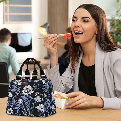 Miniatura 8 de PBRO Lonchera térmica para mujeres, bolsa de almuerzo reutilizable de amplia apertura con cinturón de hombro ajustable, bonito bordado floral,