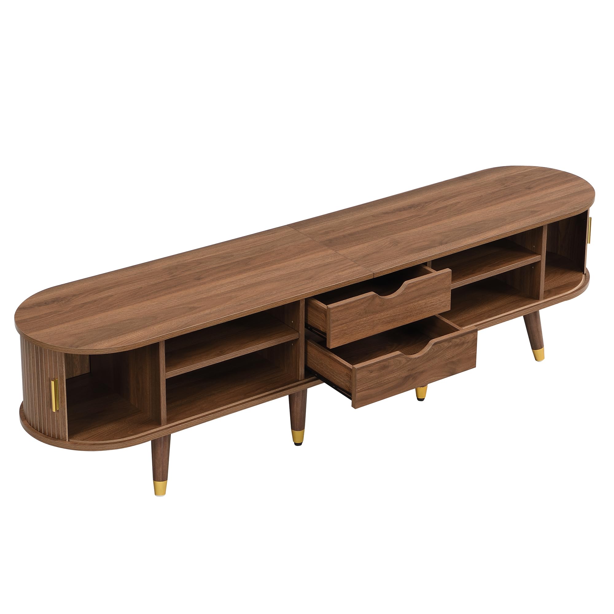 SACOOL Mobile TV stile rustico, 175 cm, con porta scorrevole in rattan, effetto noce e molto spazio di archiviazione, tavolo per TV in MDF con scomparti aperti, cassetti e armadietto, design naturale