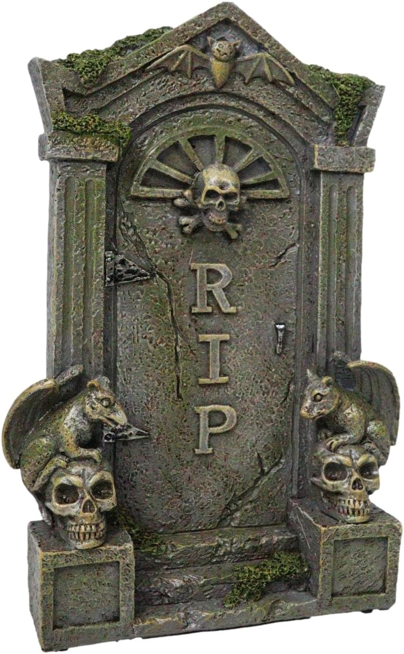 Ebros Gift Day of The Dead Gothic Skulls Night Bat and Gargoyles RIP Tombstone Figurine 7.75" High Ossuary Rest in Peace Graveyard Plaque Decor