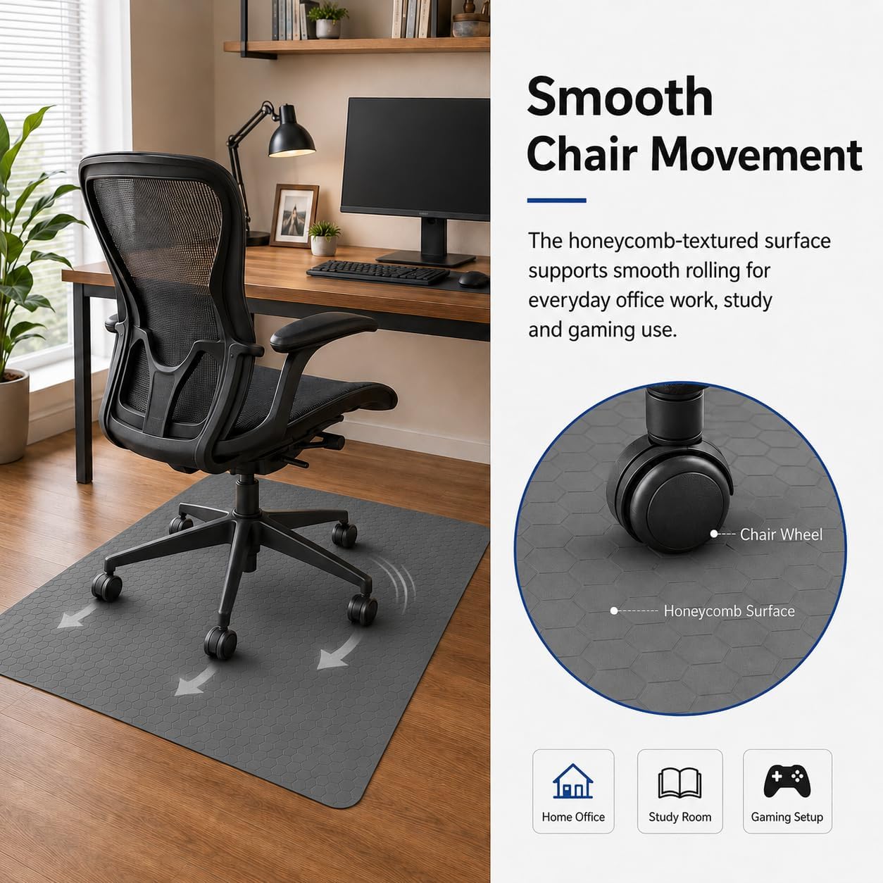 Silicone Office Chair Mat for Hard Floors, 36 x 48 Inch, 2 mm Thick Desk Chair Floor Protector with Honeycomb Texture, Non-Slip, Washable and Wear-Resistant, Gray