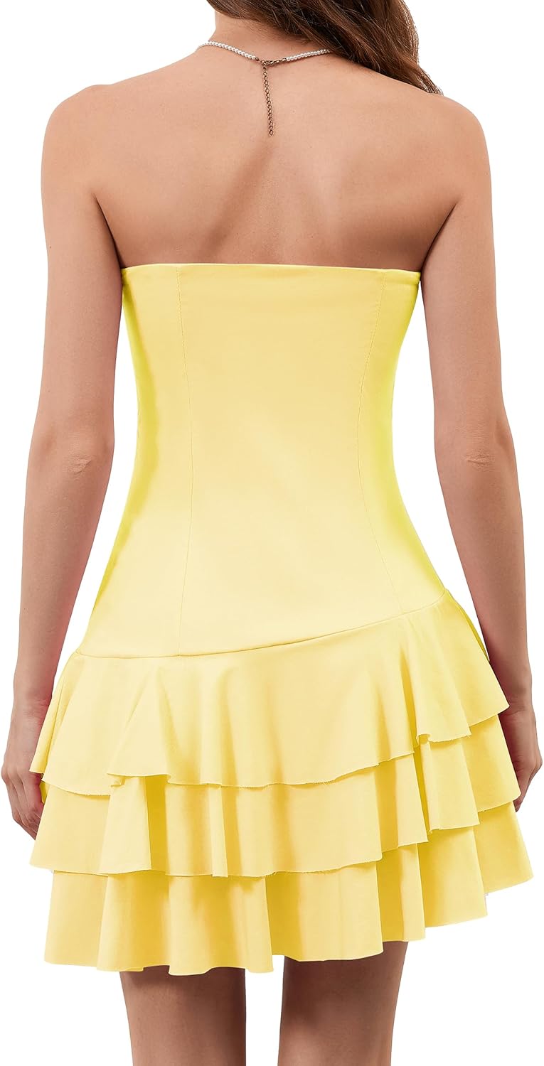 Meladyan Women's 2025 Summer Strapless Tube Dress Sexy Off Shoulder Ruffle Tiered Flowy Mini Dresses - Image 2