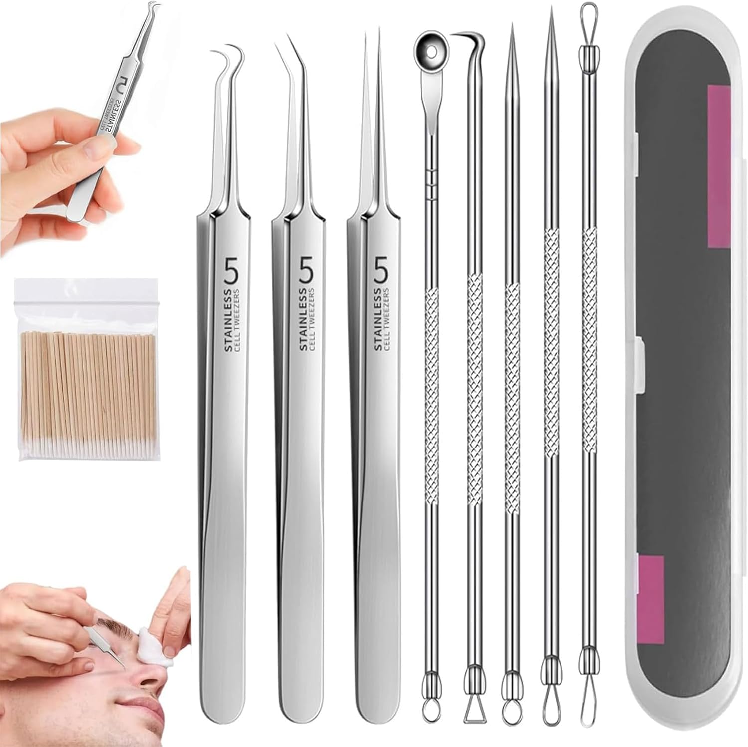 Acssart Tweezers,Acssart Blackhead Tools,Acssart Blackhead Remover Tools,Acssart Stainless Steel Blackhead Remover Tool Kit,Professional Stainless Steel Facial Blackhead Remover Tweezers (SetC)