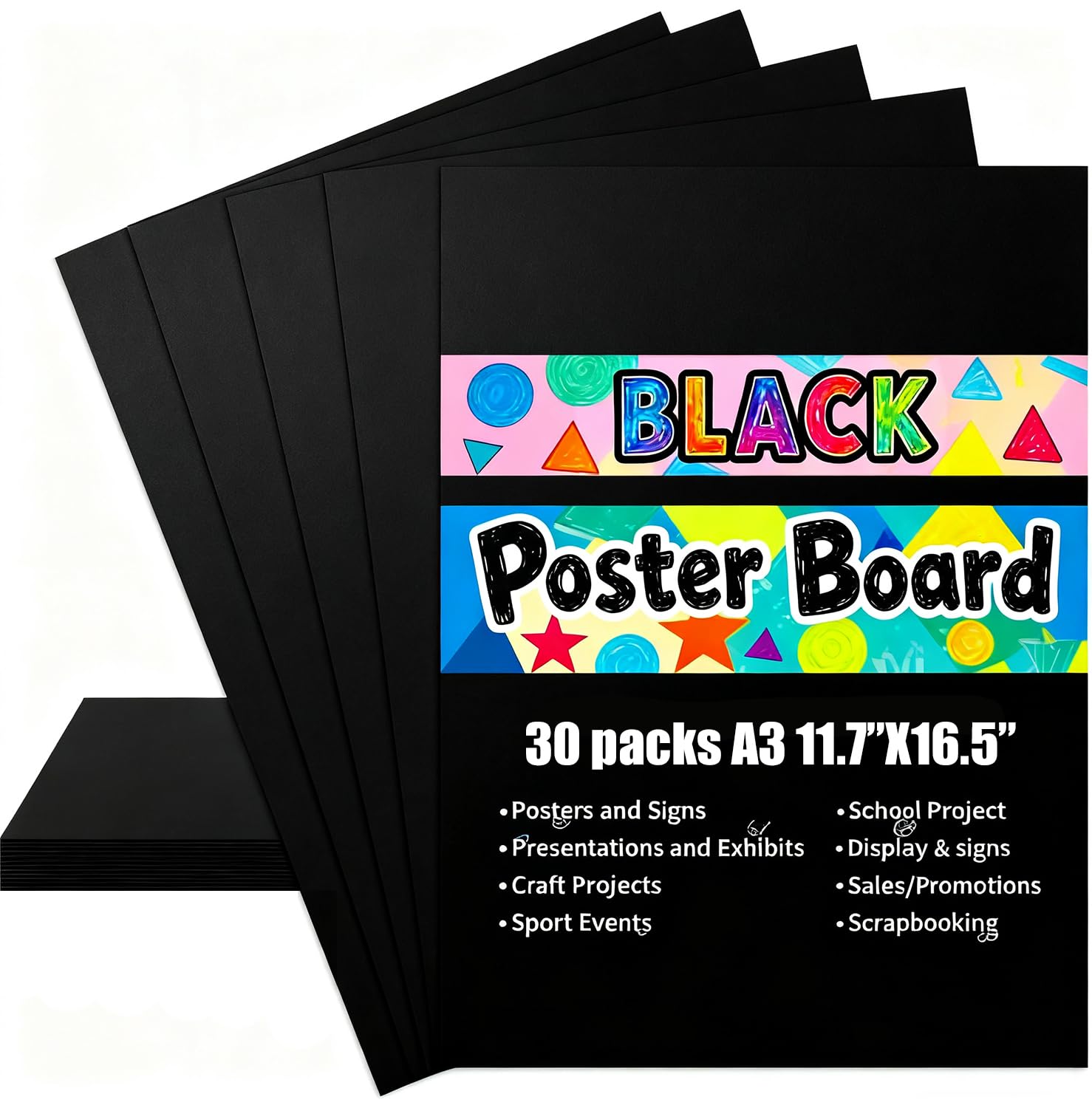 Paquete de 30 tableros negros A3 para pósteres, cartulina gruesa y pesada de 300 g/m², hojas de papel duro resistentes para carteles, proyectos escolares, exhibición de arte y respaldo de fotos, no