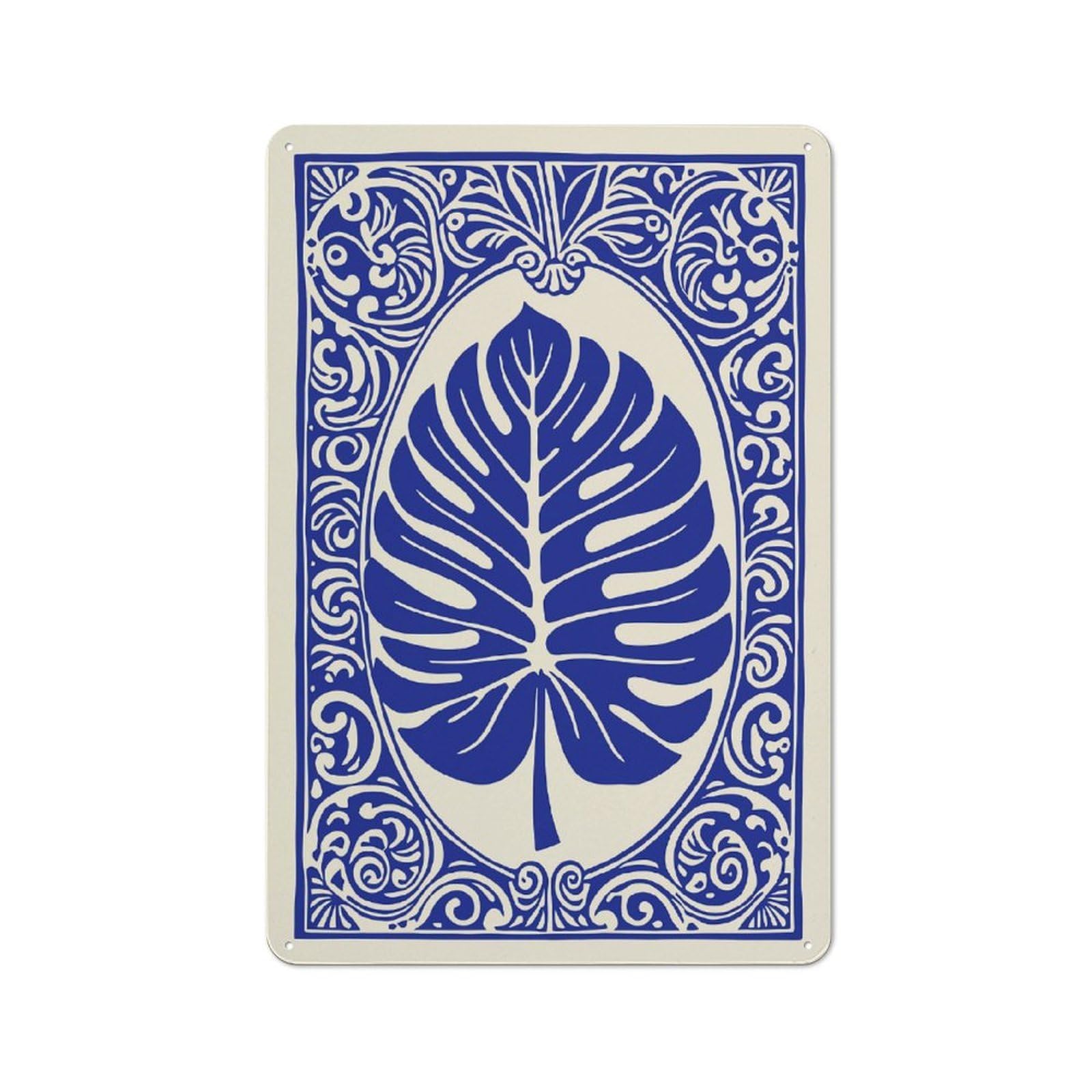 Junmoney Style-3 Vintage Tin Sign 30X20cm With Monstera Leaf In Ornate Blue Frame For Living Room Or Hallway, For Vintage Wall Decor Fans, For Metal Sign Collectors