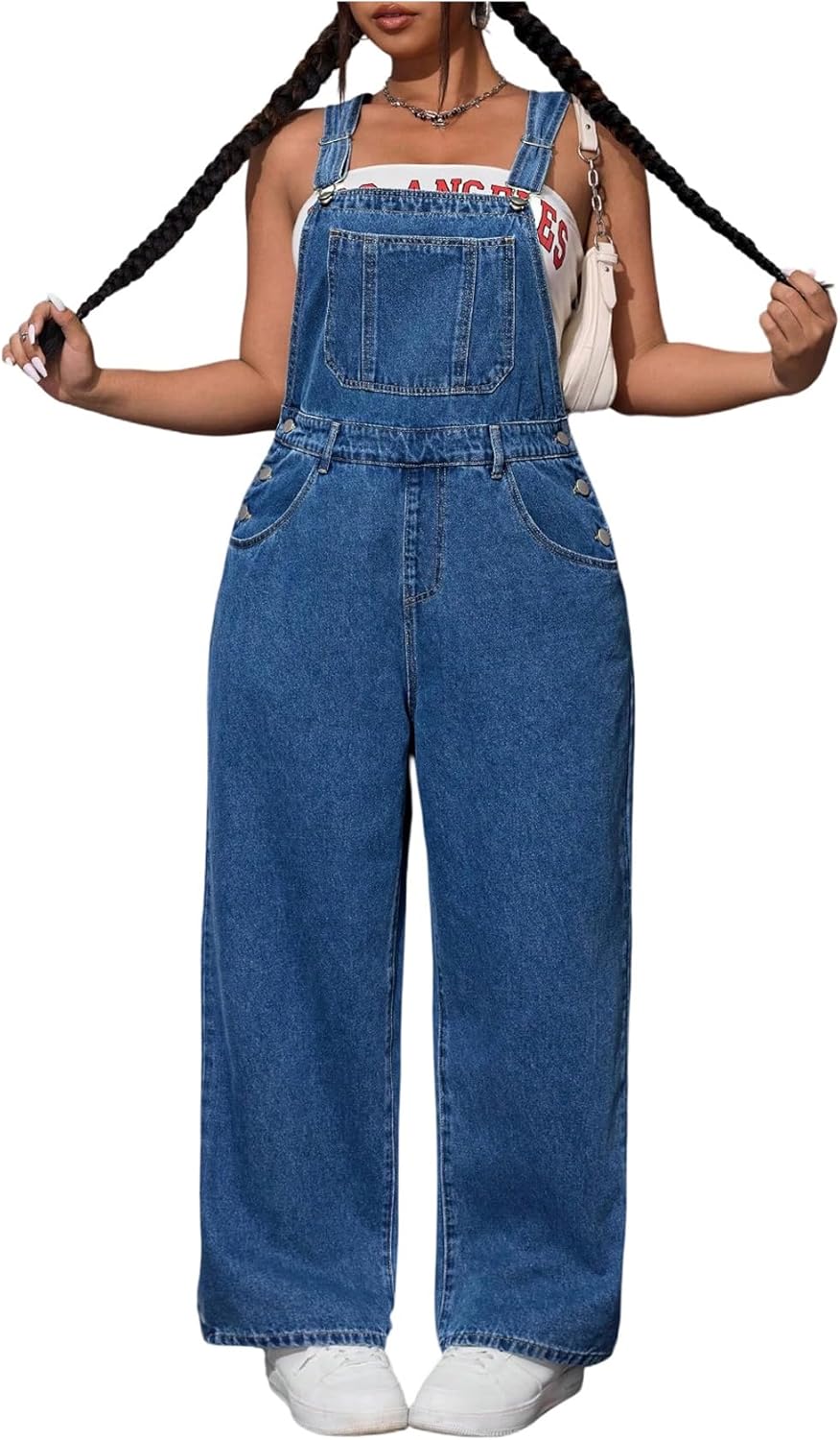 WDIRARA Women's Plus Size Denim Overall Straight Leg Jean Jumpsuit with Pockets