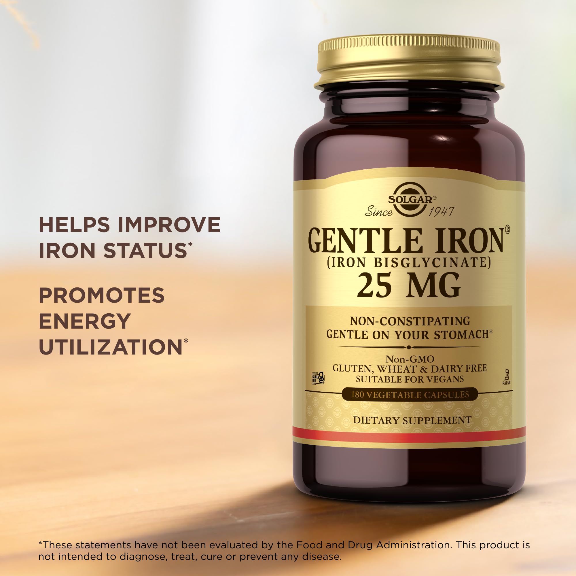 Solgar Gentle Iron (Iron Bisglycinate) 25 mg - 180 Vegetable Capsules - Non-Constipating, Gentle on Your Stomach - Non-GMO, Gluten Free - 180 Servings