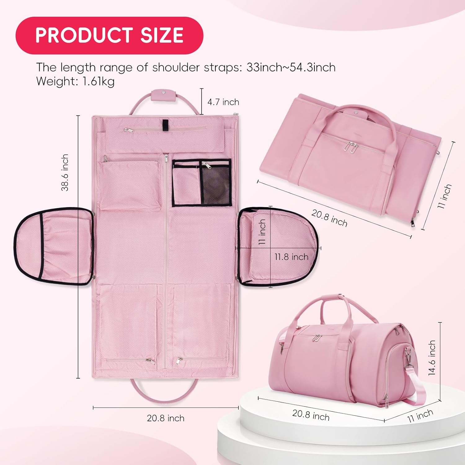 Modoker Leather Garment Bag for Travel – 2-in-1 Carry-On Suit Bag & Weekender for Women – Wedding Dress Luggage with Shoe Compartment & Shoulder Strap – Ideal for Business Trips,Pink - Image 4