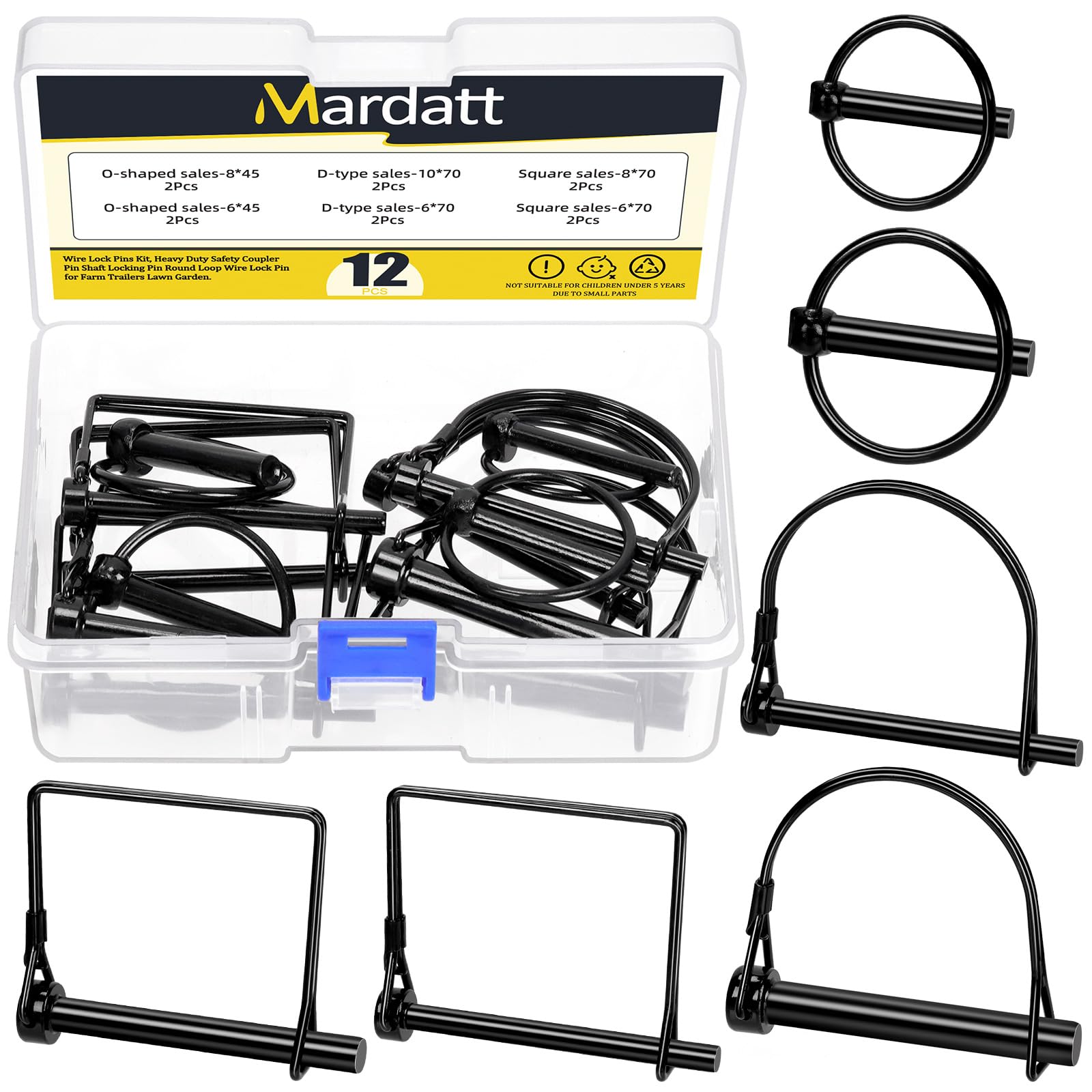 Mardatt 12Pcs 5/16", 1/4", 2/5" 3 Type Safety Coupler Pin Kit, Carbon Steel Pto Pin Square Shaft Locking Pin Round Wire Lock Pins Heavy Duty Lynch Pins Linch Pins for Farm Lawn Garden, Black