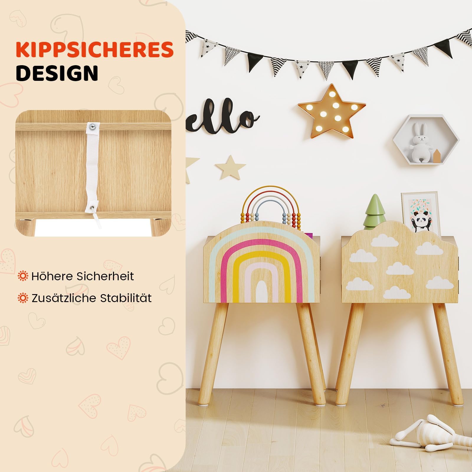 FANTASK Comodino per bambini, set di 2 comodini con motivo arcobaleno e nuvola, piccolo, tavolino carino armadio e gambe in legno massiccio, comodino per cameretta dei bambini, 34 x 30 x 54 cm