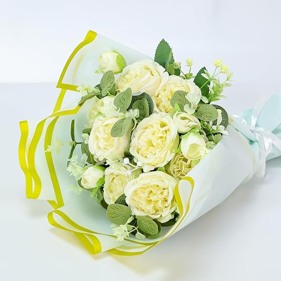 FALIZIFU 20 Sheets Floral Wrapping Paper - Waterproof Light Blue and Gold Flower Wrapping Paper for Bouquet, Wedding, Birthday Gift DIY Florist Supplies