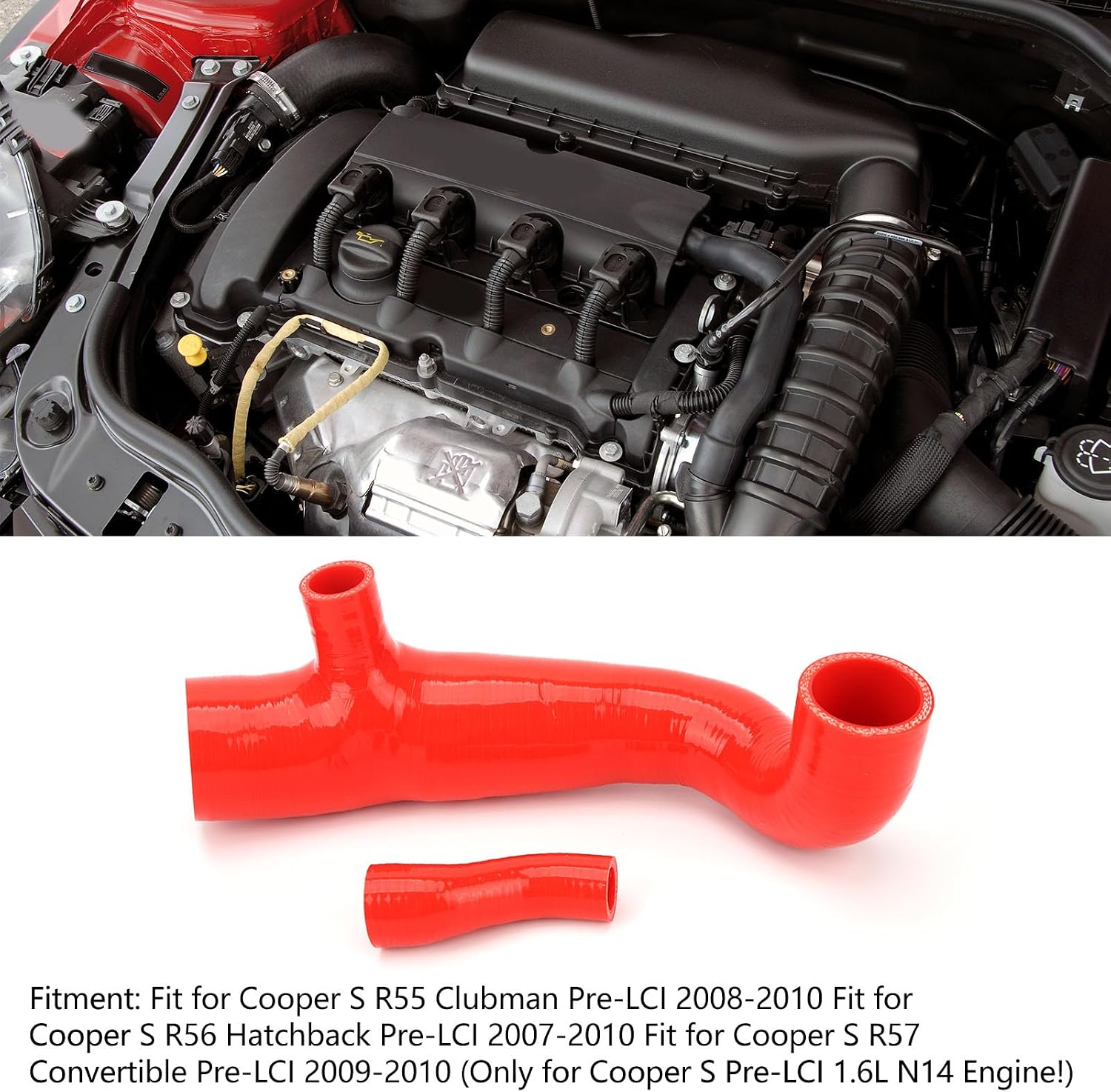 Brilluxa Silicone Intake Hose Kit, Cold Air Duct Boot Tube, Turbocharger Hoses Clamps, Compatible with Mini Cooper S R55, R56, R57 Pre-LCI 1.6L N14 2007-2010 (Red)
