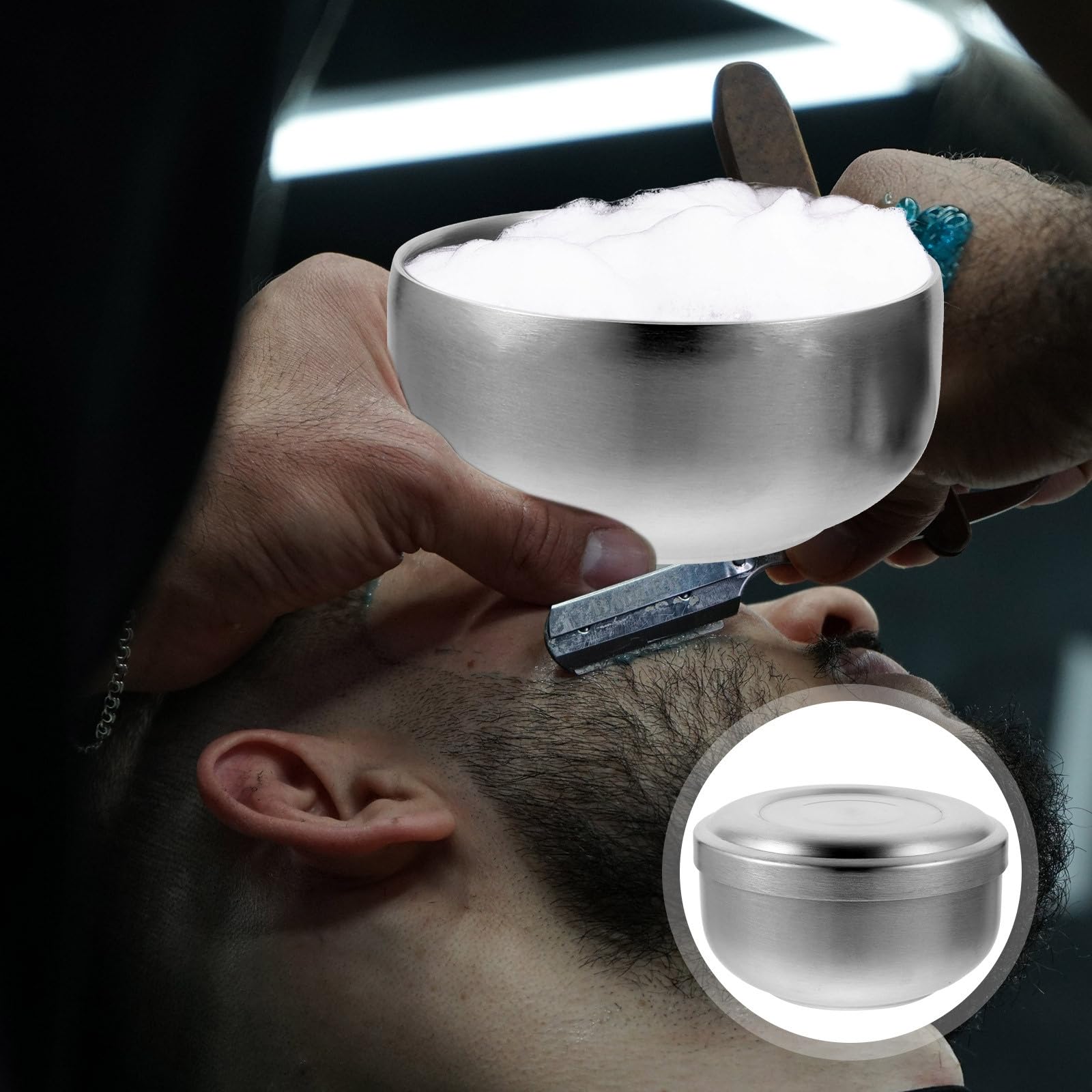 VALICLUD Ciotola da Barba Design Semplice in Acciaio Inossidabile con Coperchio Pratica e Sicura per Barber Shop e Quotidiano
