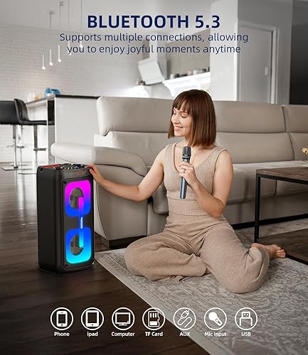 Miniatura 4 de Máquina de karaoke para adultos, altavoz Bluetooth portátil con 2 micrófonos inalámbricos, sistema PA portátil con luces de discoteca para fiestas