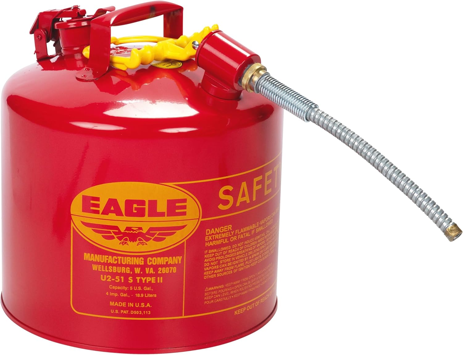Eagle 5 Gallon Type II Red Safety Gas Can for Gasoline with Flame Arrester, Self-Closing Lid, and 12" x 7/8" Flexible Metal Hose, Made in the USA, Galvanized Steel Flammable Storage Can, U251S Red 5 Gallon 7/8" Metal Hose