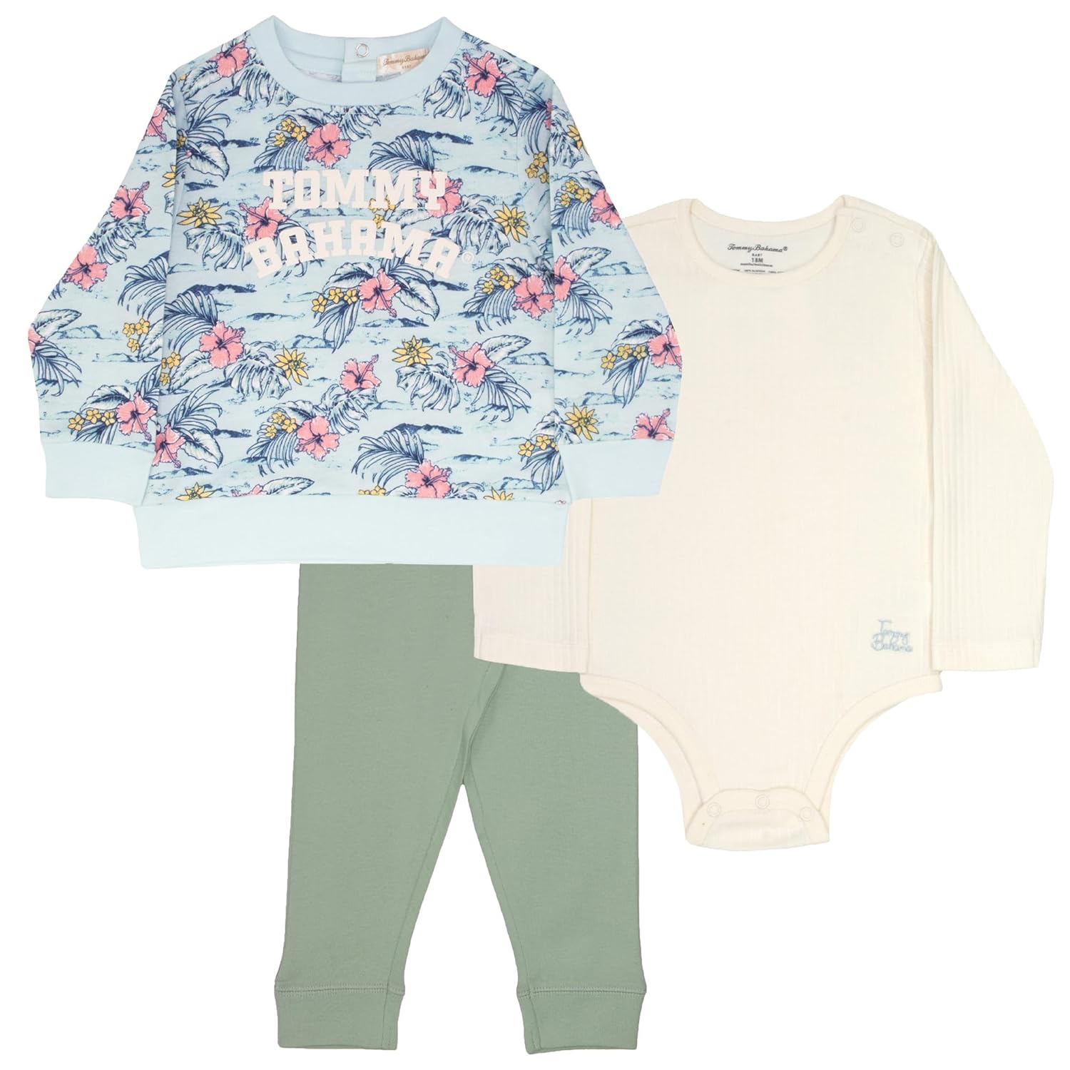 Tommy Bahama Baby 3-Piece 100 Cotton Set - Long Sleeve Shirt Onesie and Pants Bundle for Infants and
