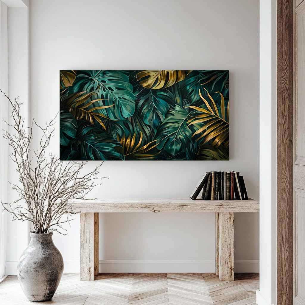 Wandbild Groß XXL Dschungel Fensterblatt Leinwandbilder Rahmen Botanisch | Palmblätter Bilder für Wohnzimmer & Schlafzimmer Luxuriöse Goldene Blätter Foto auf Leinwand Wanddekoration 60x120cm