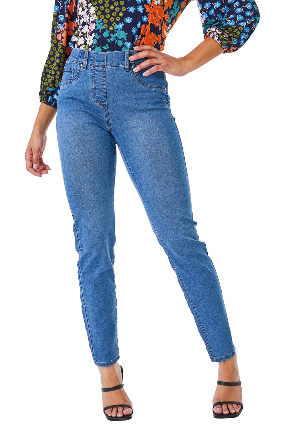 Roman Petite Stretch Denim Elastic Waist Jegging - Mid Blue - Size 10