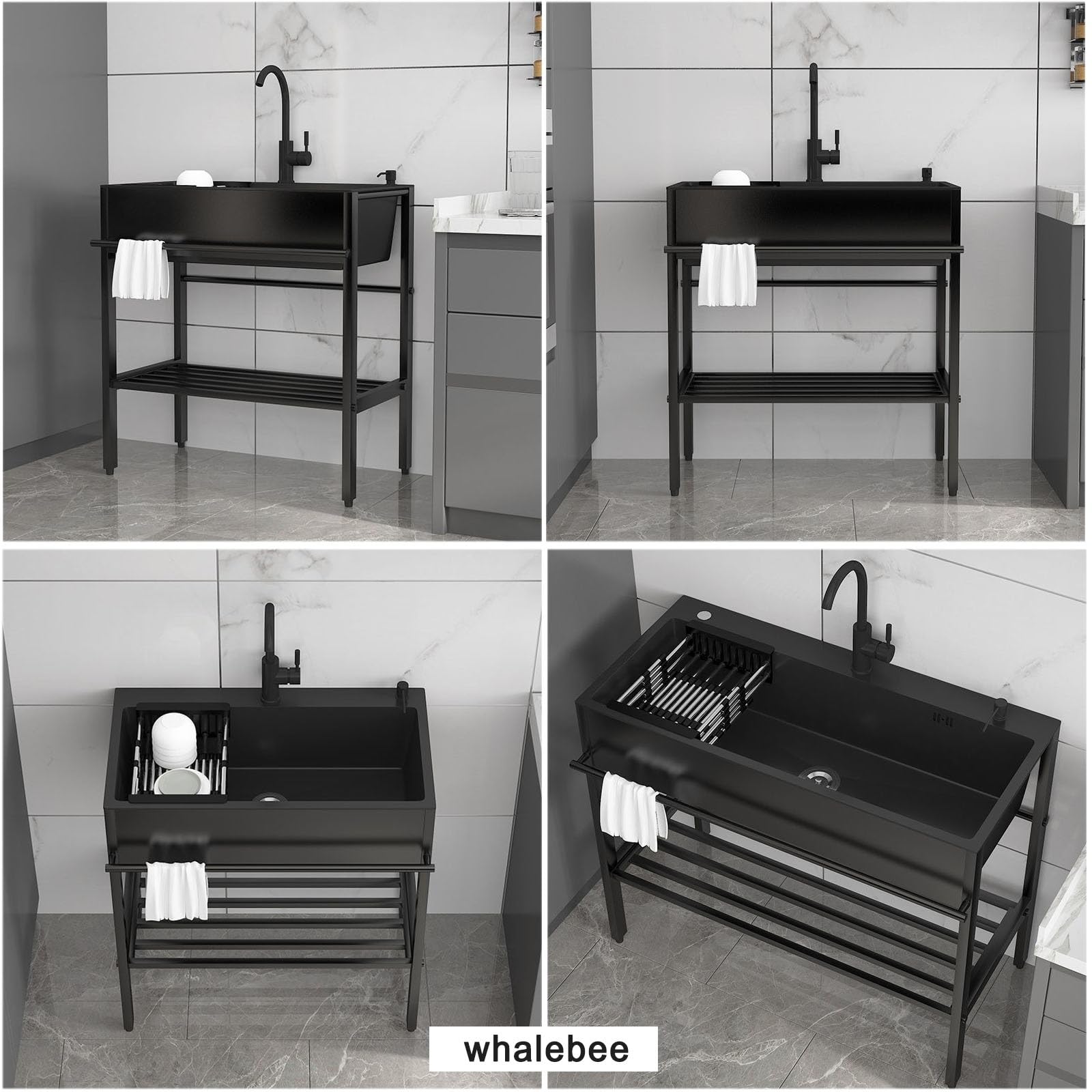 Spülbecken Für Outdoor Garage Garten Camping, Edelstahlspüle Küchenspüle 1 Becken, 60 68 80cm Freistehendes Spüle Mit Wasserhahn Und Siebkorb, Multifunktions Waschtisch Mit Ständer
