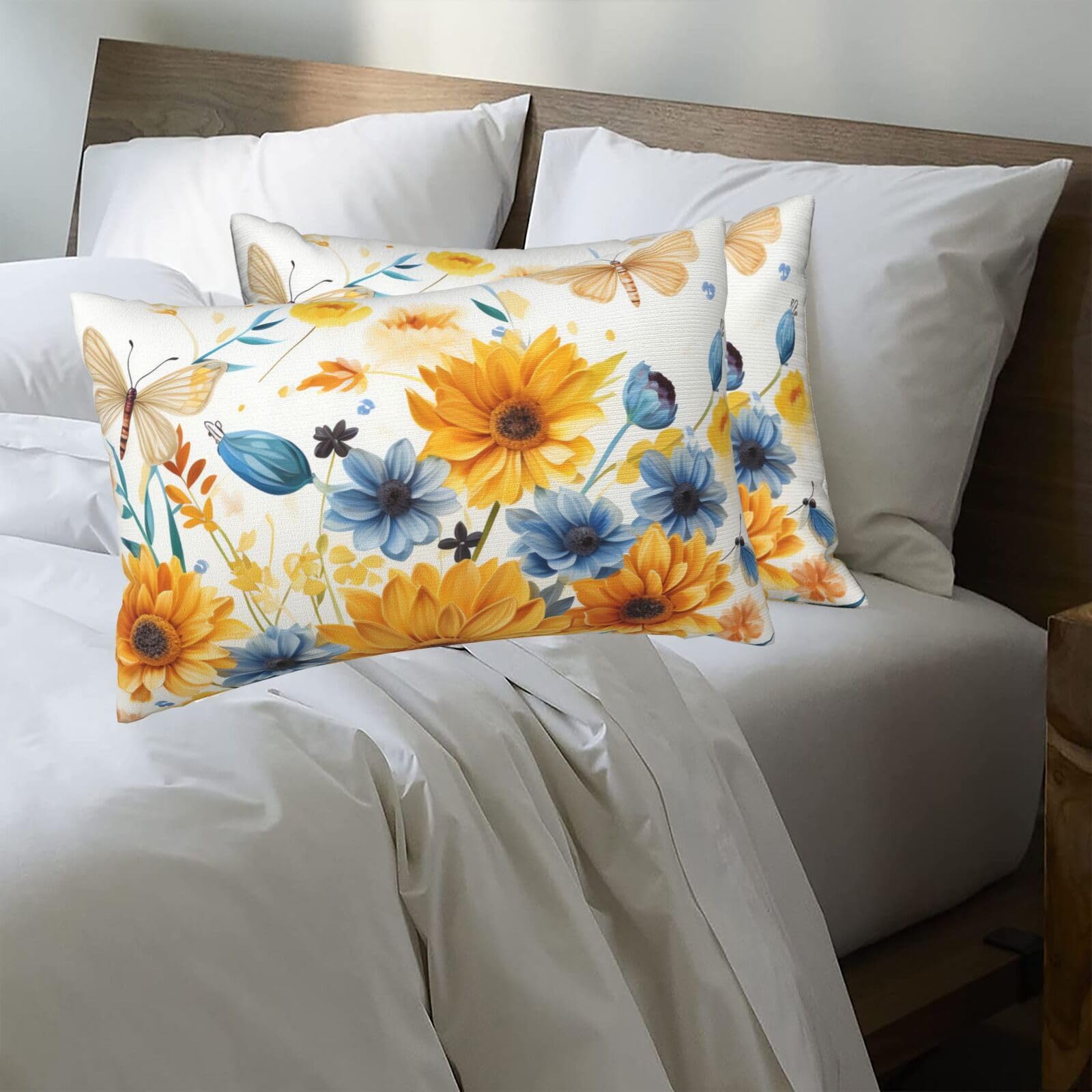 Sunflowers and Dragonflies Standard Pillowcases 20x30in Sets of 2, Ultra Soft Microfiber Plush Pillow Cases Comfort Decorative Throw Pillow Cover with Hidden Zipper for Bedroom, Sofa, Couch
