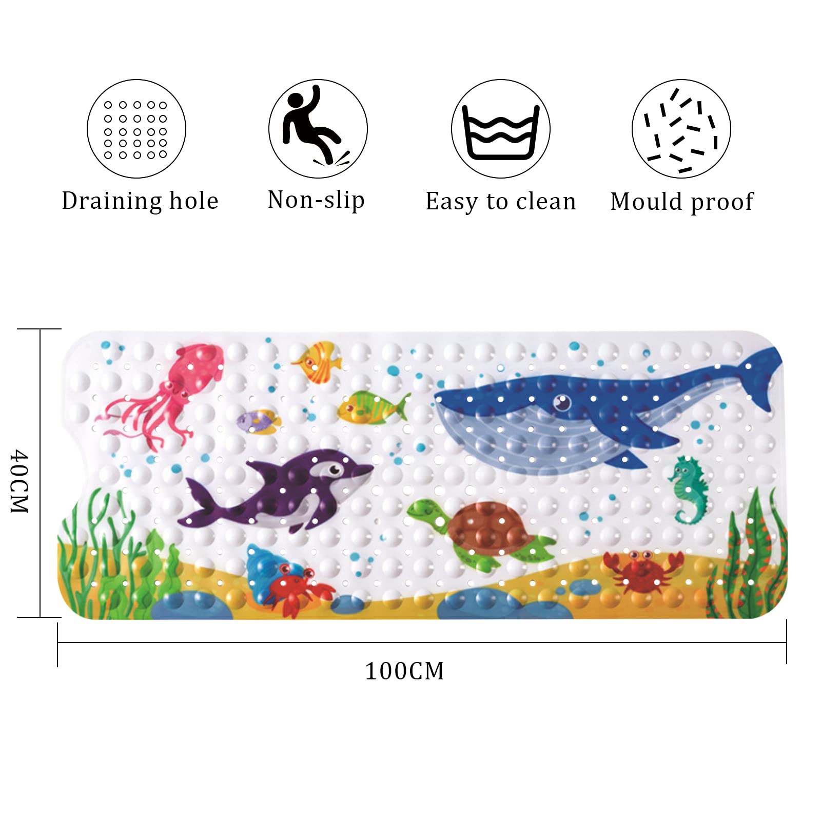Bambini Tappetino Vasca Antiscivolo per Doccia - qualità Superiore per Neonati, 100 x 40 cm *in PVC, colorato, Rettangolare