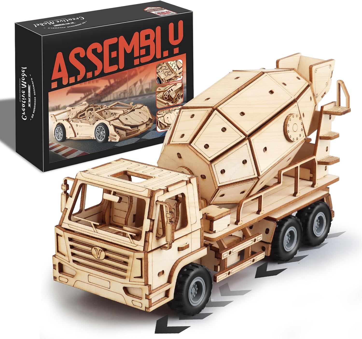 3D Wooden Puzzles Cement Mixer Truck for Adults to Build, 165pcs Wood Craft Model Cars Building Kits with Pull Back 360° Rotatable Mixer Action,Hobby Gifts for Adults Men Teens