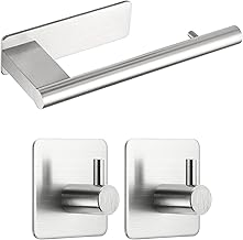 Toilet Paper Holder and 2 Pieces of Adhesive Hooks, Adhesive Toilet Roll Holder, Toilet Paper Holder Stainless Steel, Silver