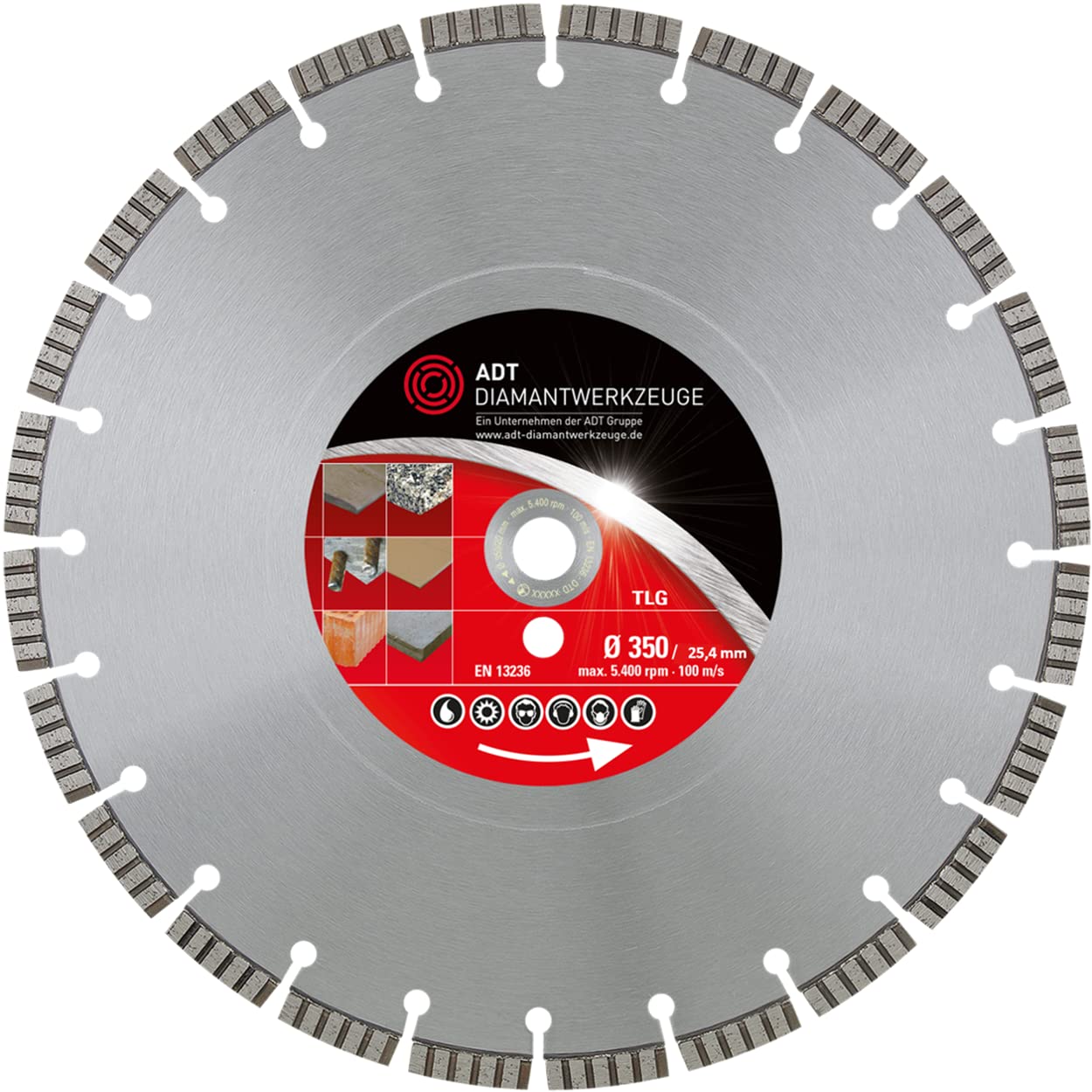 ADT - Disco de corte de diamante TLG Premium, Hoja de Sierra para hormigón armado, piedra y granito (diámetro 350/25,4 mm)