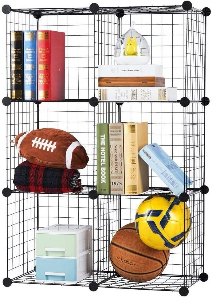 SEVVY - Multi Use DIY - Metallic Wire Storage Organiser - Book Shelf, Kitchen Organiser - Iron Mesh Powder Coated - 6 Cubes - Black, Tiered Shelf