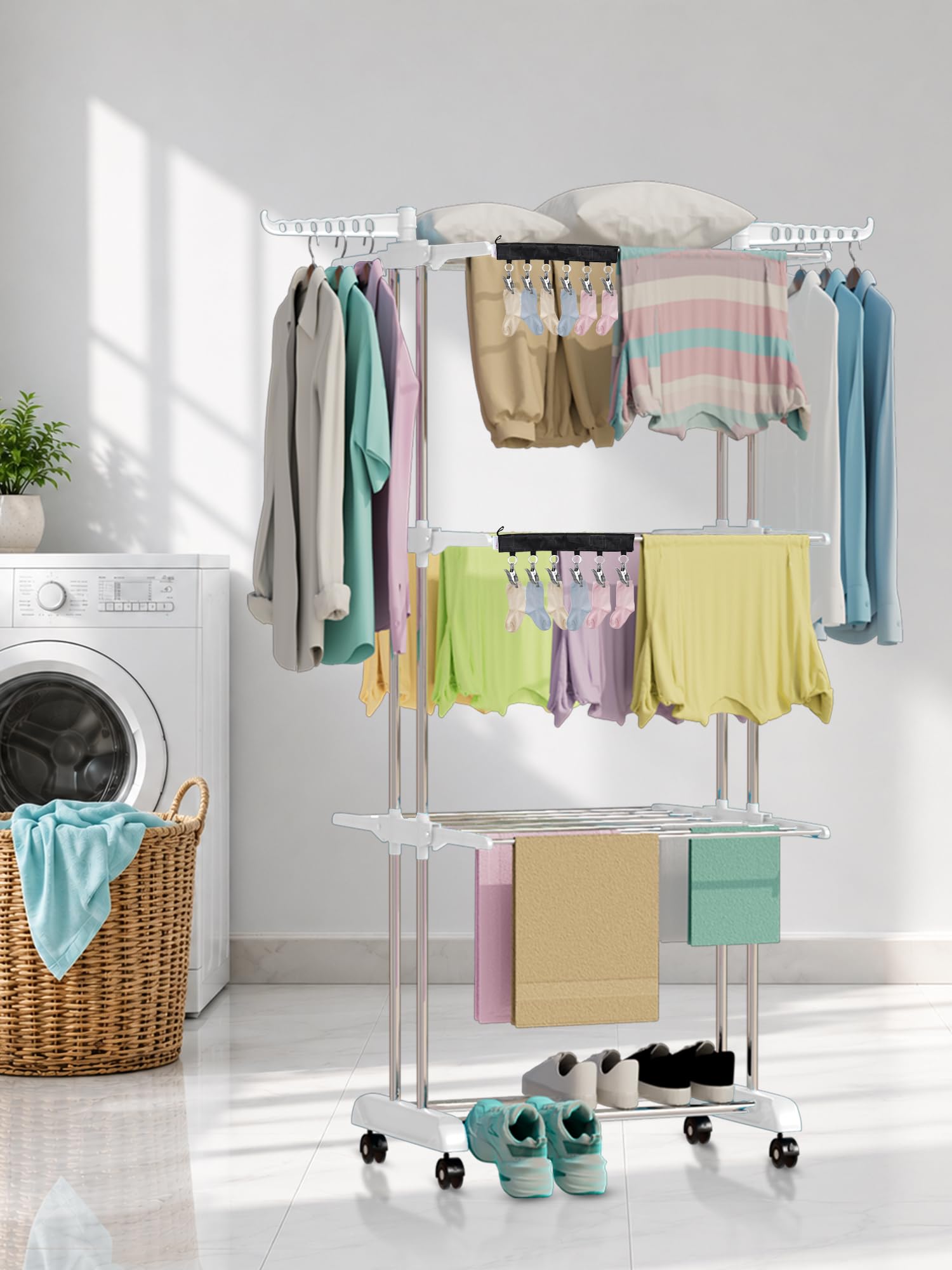 LIVINGBASICS 3 Layer Clothes Stand for Drying, Snow White + 2 Icon Clips