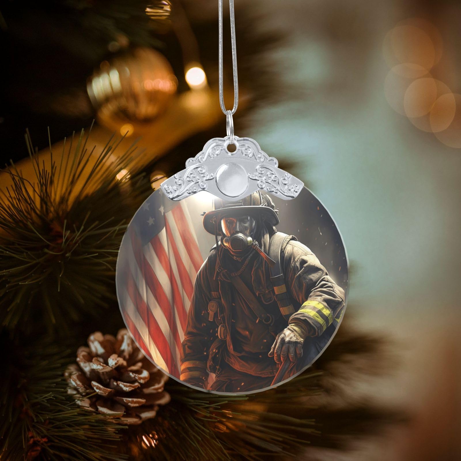 Crystal Christmas Ornaments for Christmas Tree Decoration Hanging Patriotic Firefighter Ornament with Gold Ribbon Crafts Round Pendant for Keepsake Gifts Glass Xmas Decor Party Supplies