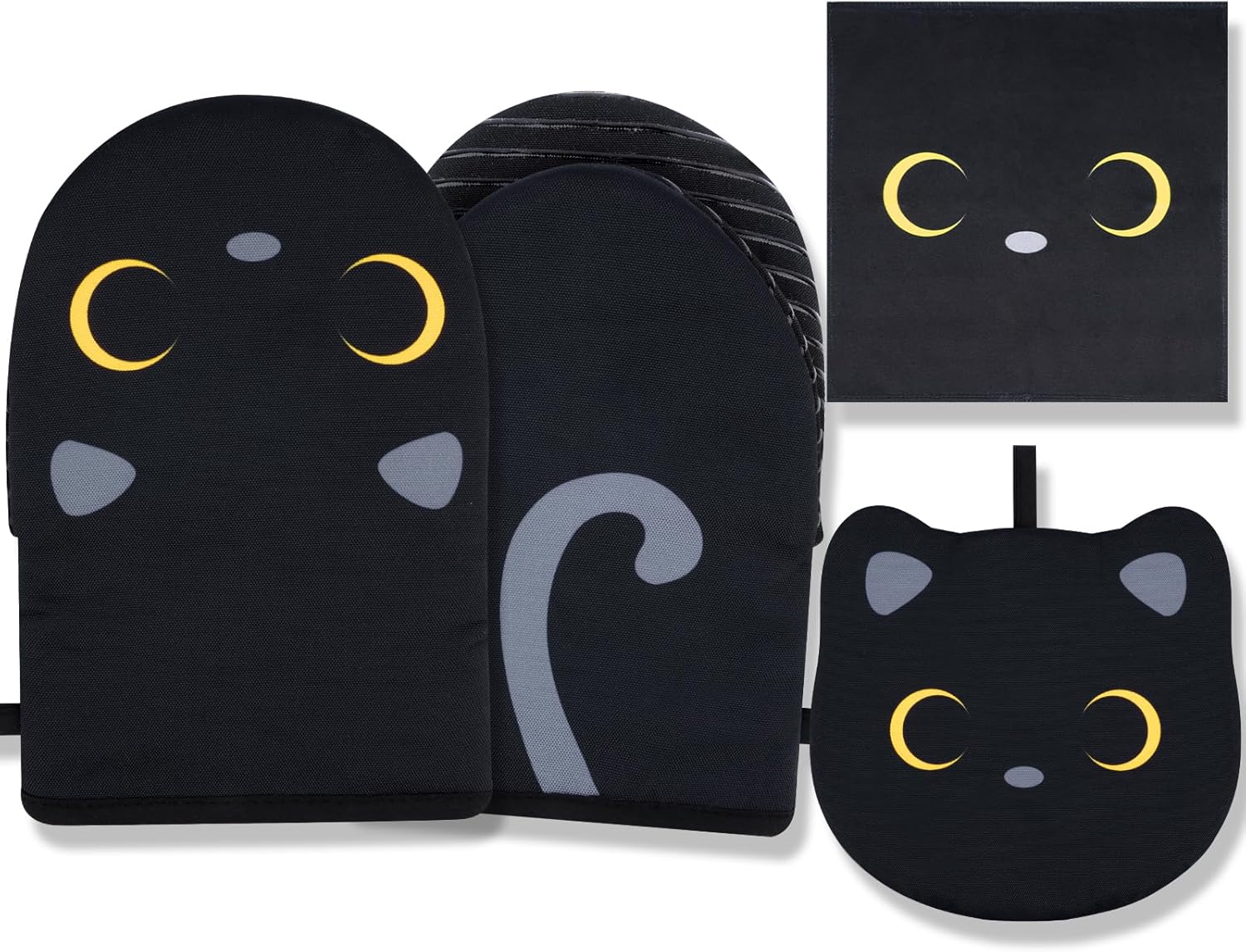 Cat Design Heat-Resistant Oven Mitts & Potholders Set (Black) Cat Design Heat-Resistant Oven Mitts & Potholders Set (Black)